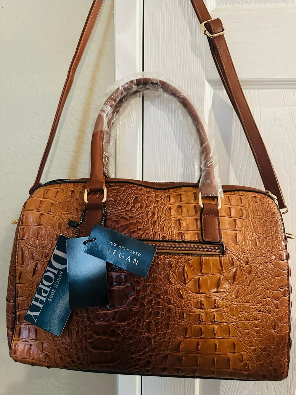 Brown Croc-Embossed Satchel including smaller shoulder bag and matching wallet